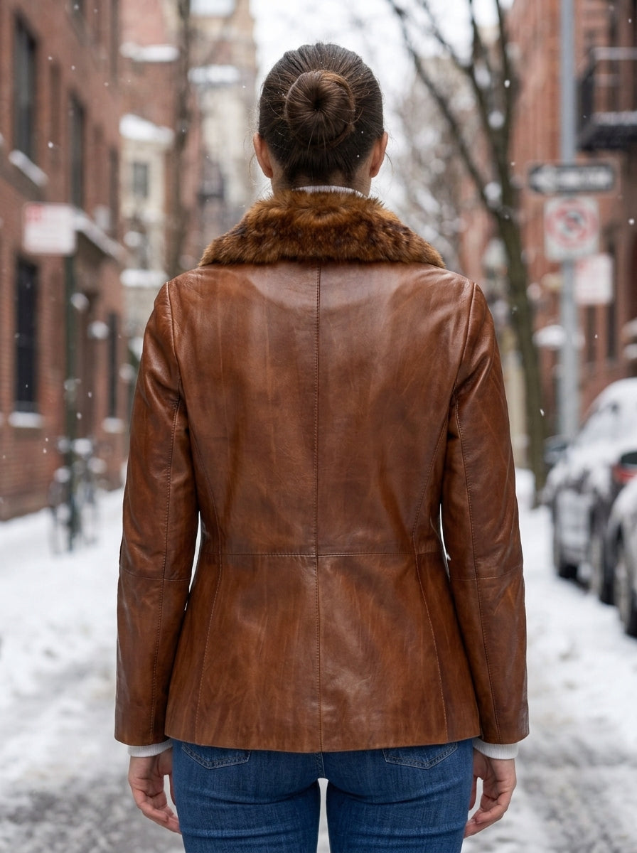 Gemma Original Fur Collar Brown Women Leather Jacket