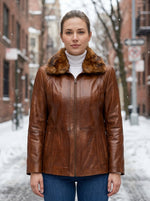 Gemma Original Fur Collar Brown Women Leather Jacket