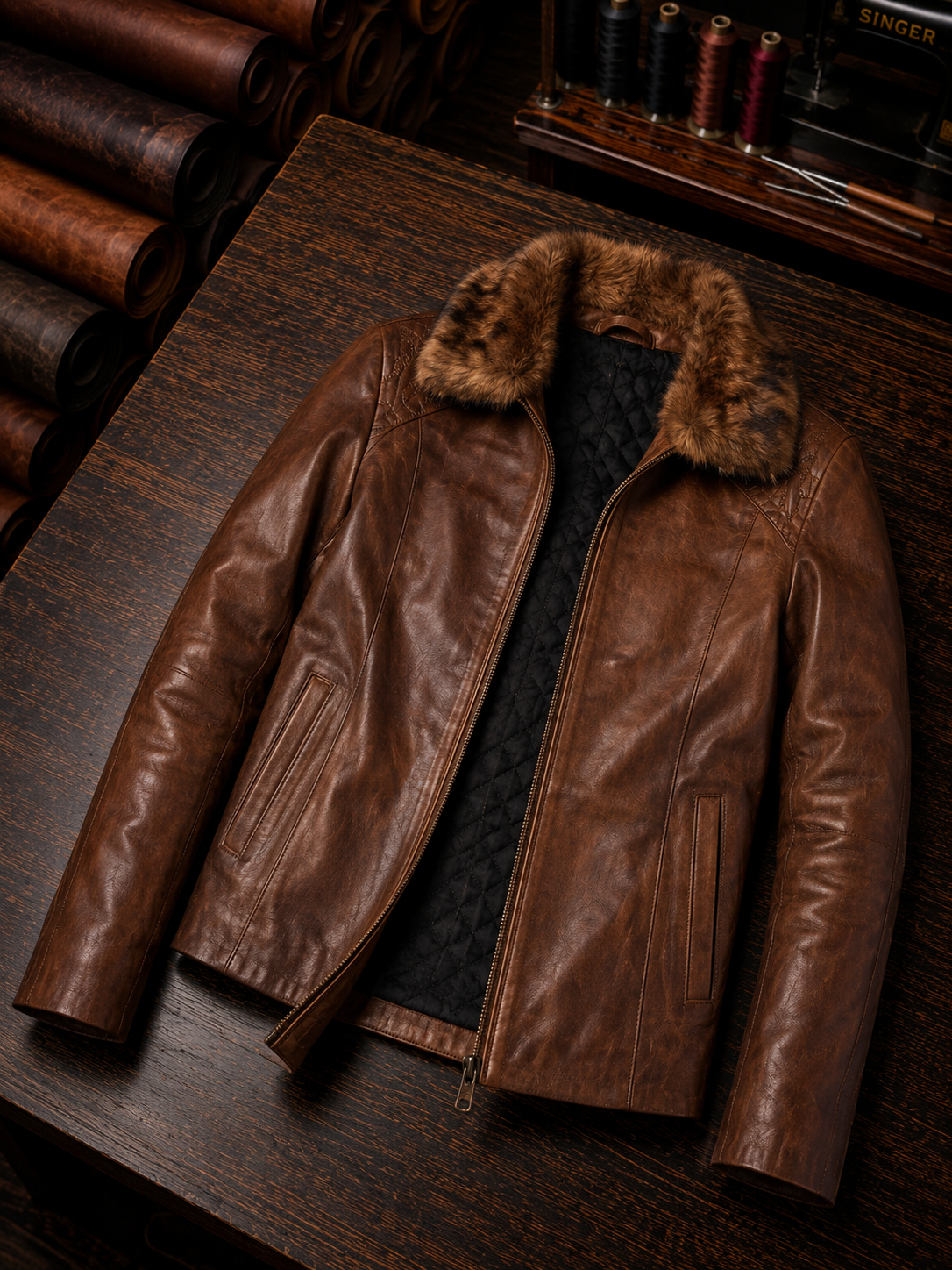 Gemma Original Fur Collar Brown Women Leather Jacket