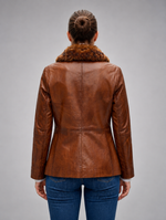 Gemma Original Fur Collar Brown Women Leather Jacket