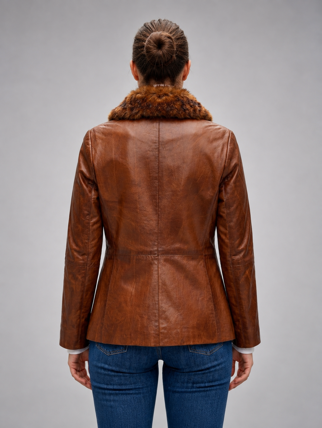 Gemma Original Fur Collar Brown Women Leather Jacket
