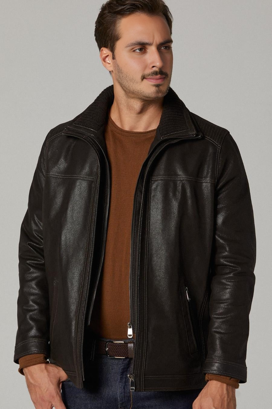 Rib-stitched Long Leather Jacket for Men - Dark Brown