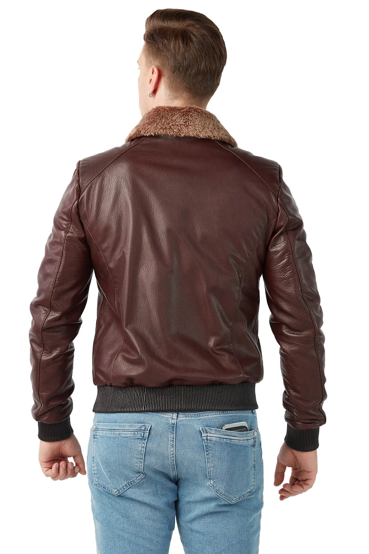 Harvey Men Brown Bomber Fur Collar Leather Jacket
