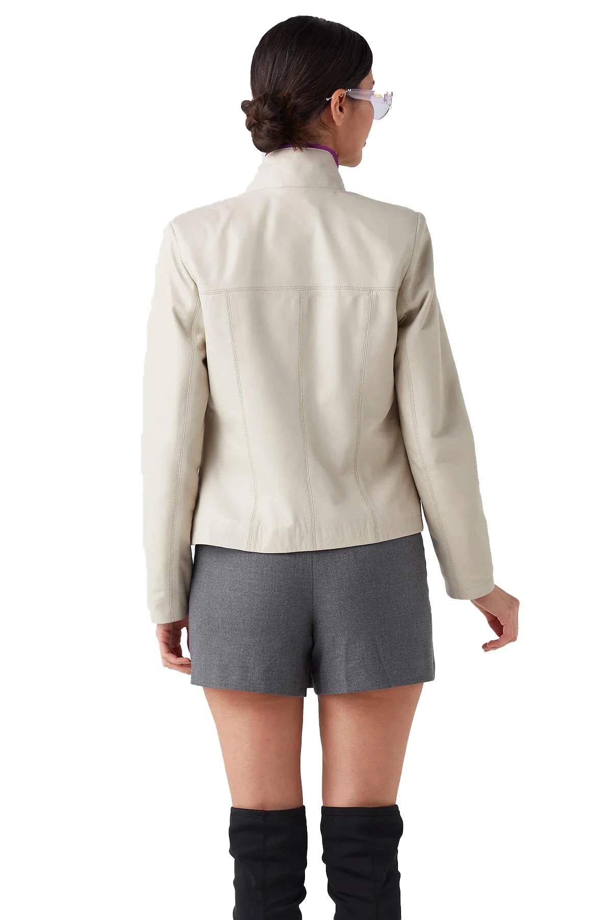Avery Beige Classic Leather Jacket For Women