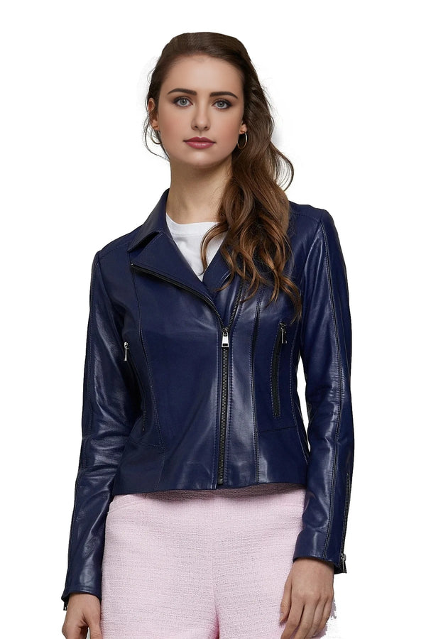 Blue Motorcycle Leather Jacket For women