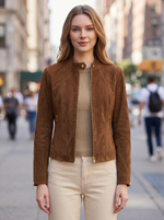 Grace Women's Short Brown Suede Leather Jacket