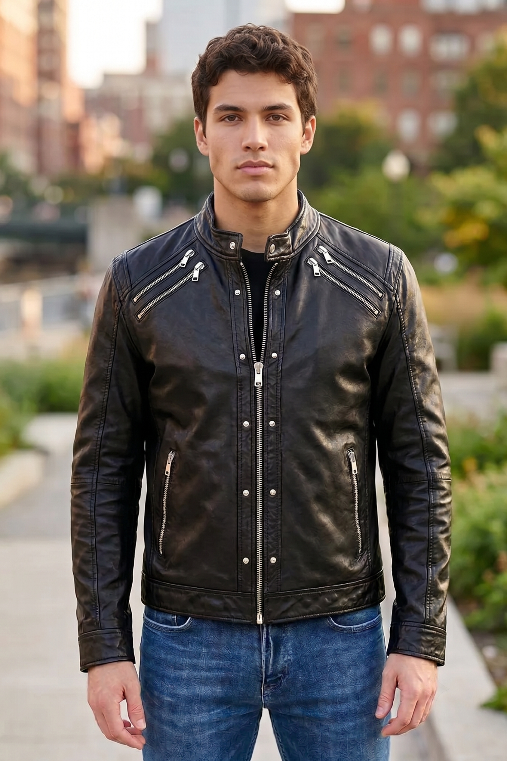 Grant Men’s 100% Real Olive Leather Biker Galore Jacket