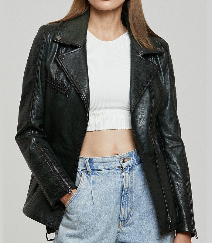 Audrey Green Stylish Leather Jacket With Center Belt For Women