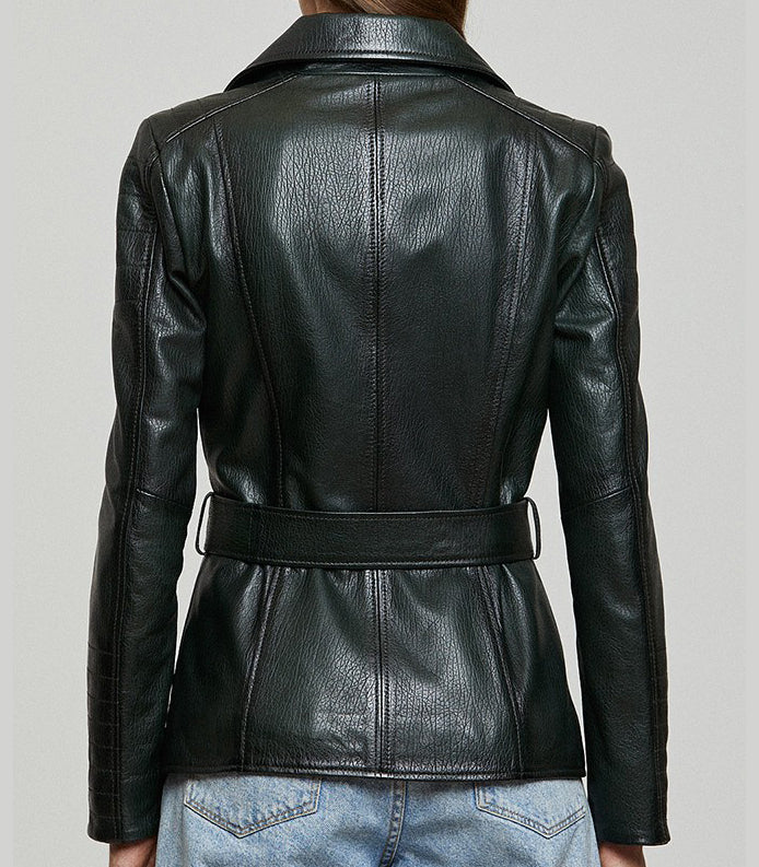 Audrey Green Stylish Leather Jacket With Center Belt For Women