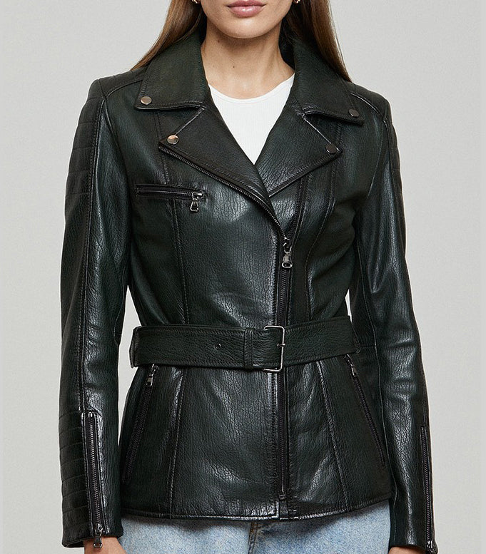 Audrey Green Stylish Leather Jacket With Center Belt For Women