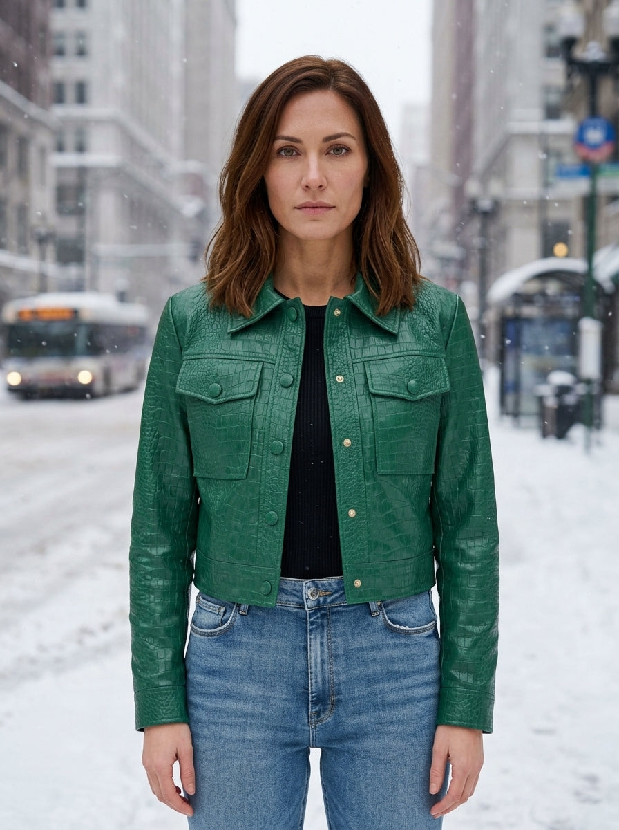 Green Tina Leather Jacket For Women's