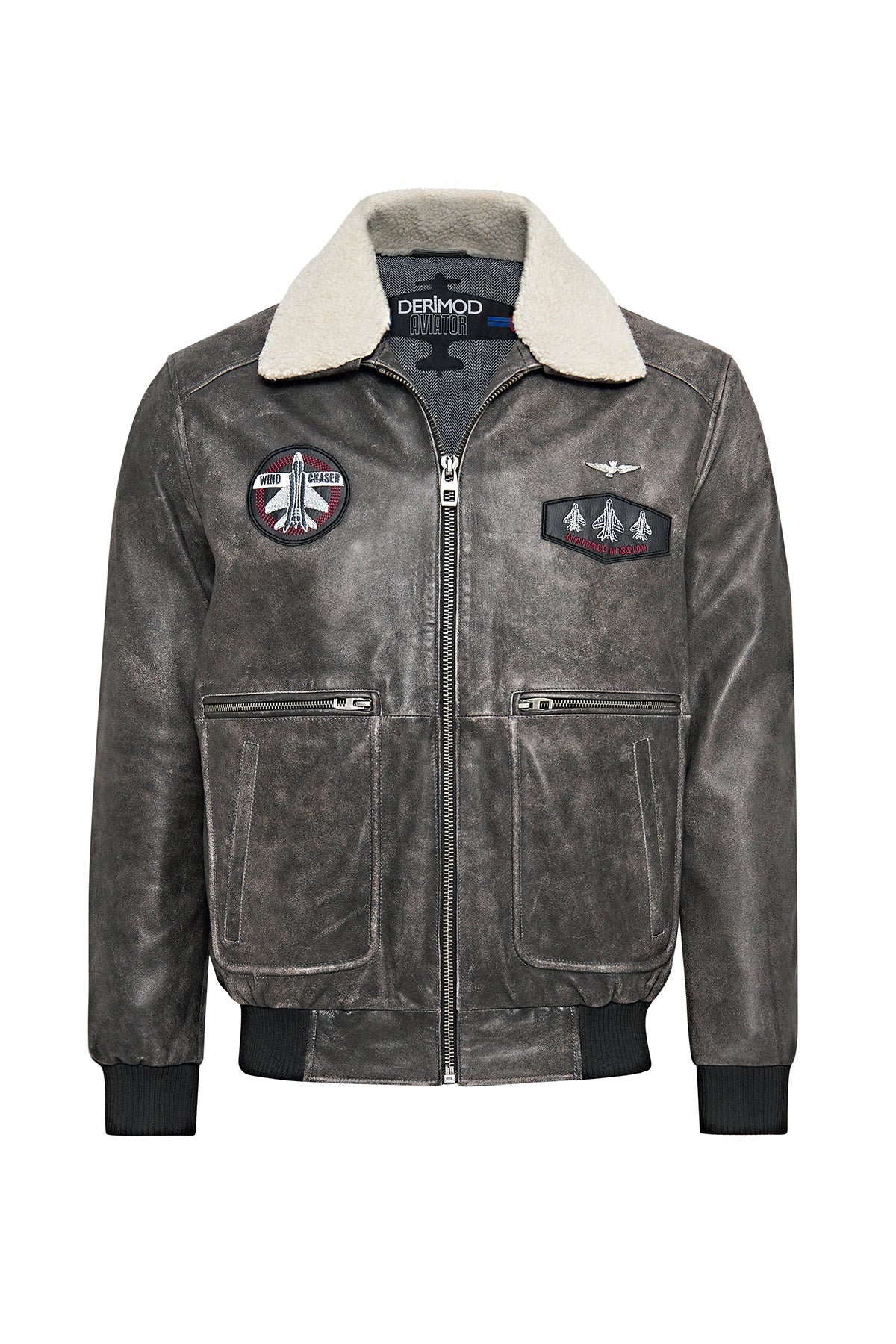 Grey Fur Collar Pilot Men’s Leather Jacket with Emblem