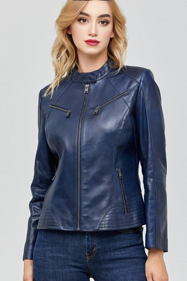 Sydney Blue Leather Jacket for Women