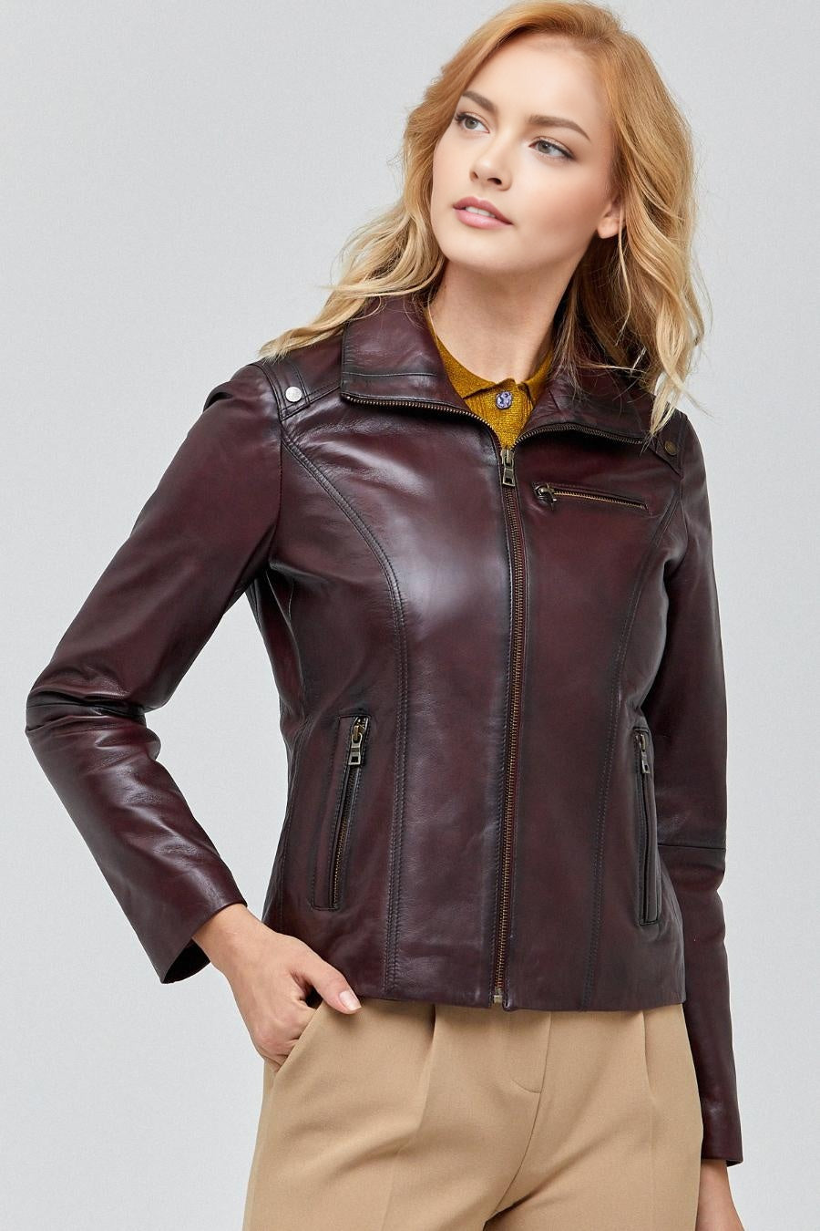 Aria Brown Slim Fit Leather Jacket For Women