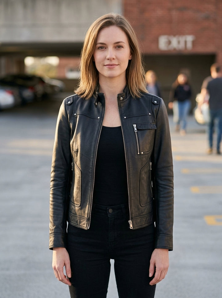 Hannah Black Leather Jacket For Women's