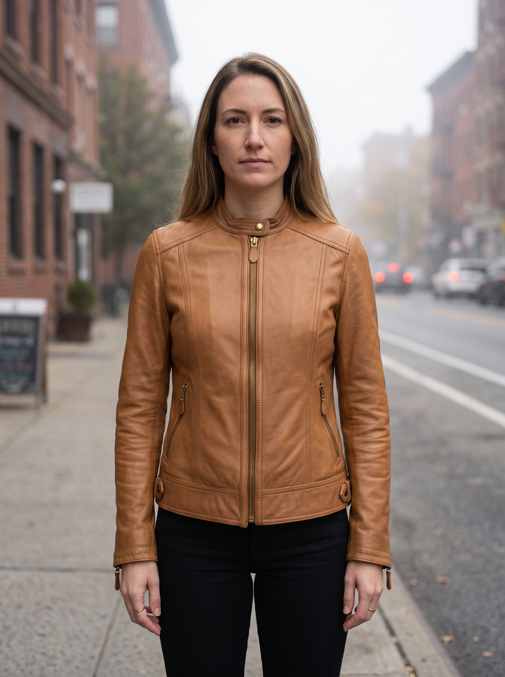 Hannah Brown Smooth Leather Jacket For Women