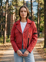 Hannah Red Distressed Leather Jacket For Women