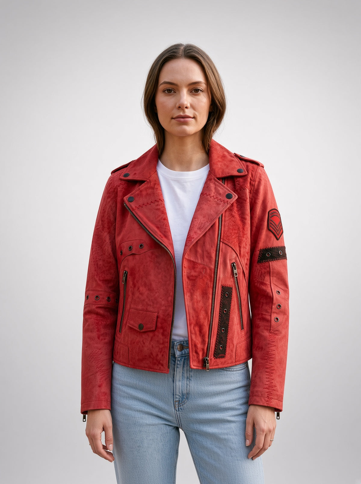 Hannah Red Distressed Leather Jacket For Women