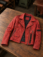 Hannah Red Distressed Leather Jacket For Women