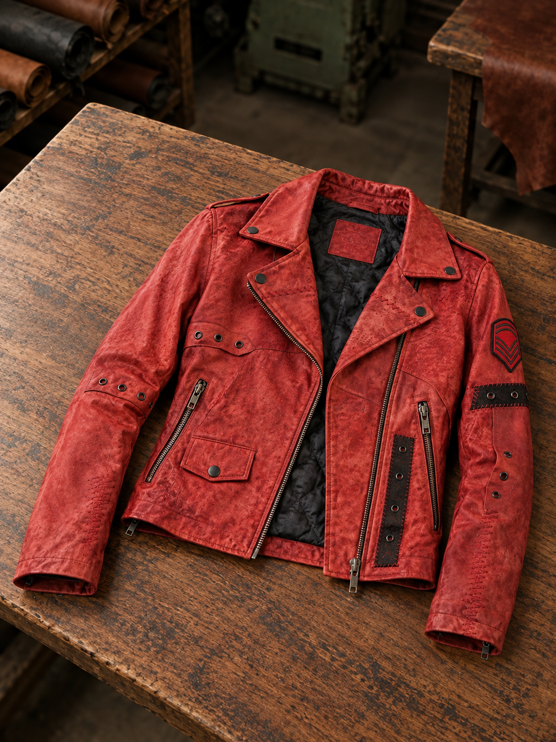 Hannah Red Distressed Leather Jacket For Women