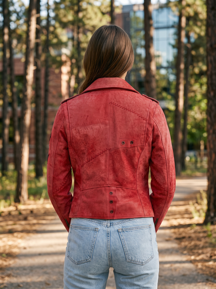 Hannah Red Distressed Leather Jacket For Women