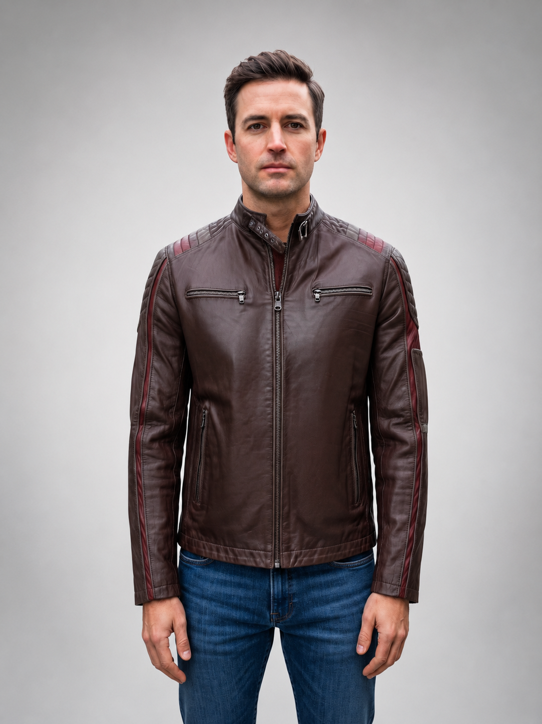 Harrison Men's Brown Leather Jacket With Red Stripe