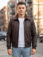 Harvey Men Brown Bomber Fur Collar Leather Jacket