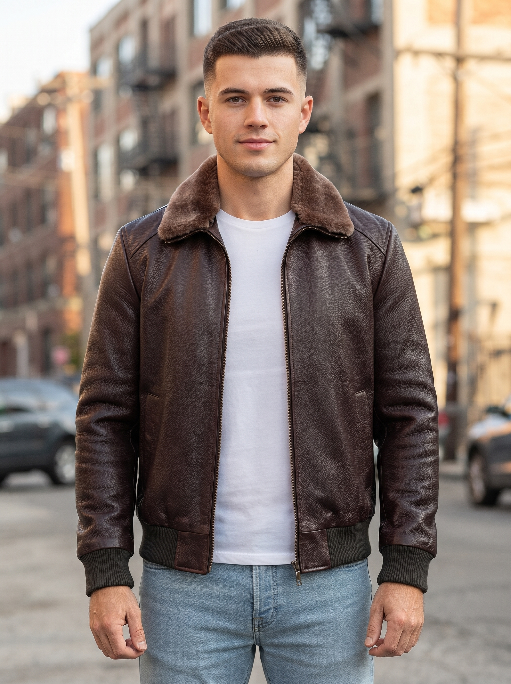 Harvey Men Brown Bomber Fur Collar Leather Jacket