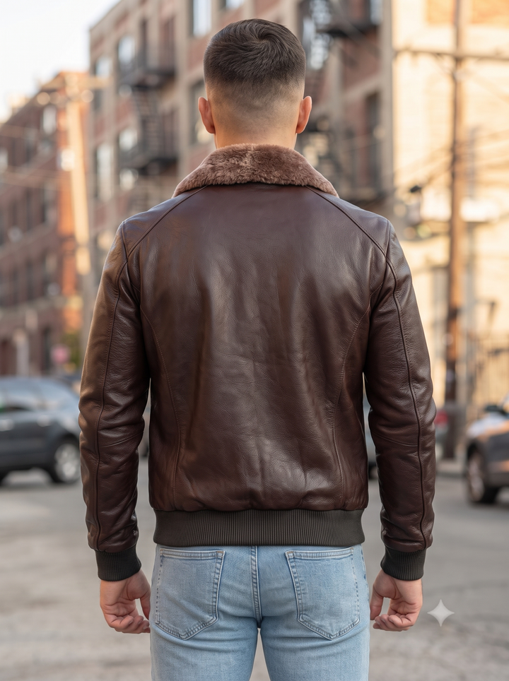 Harvey Men Brown Bomber Fur Collar Leather Jacket