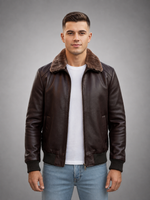 Harvey Men Brown Bomber Fur Collar Leather Jacket