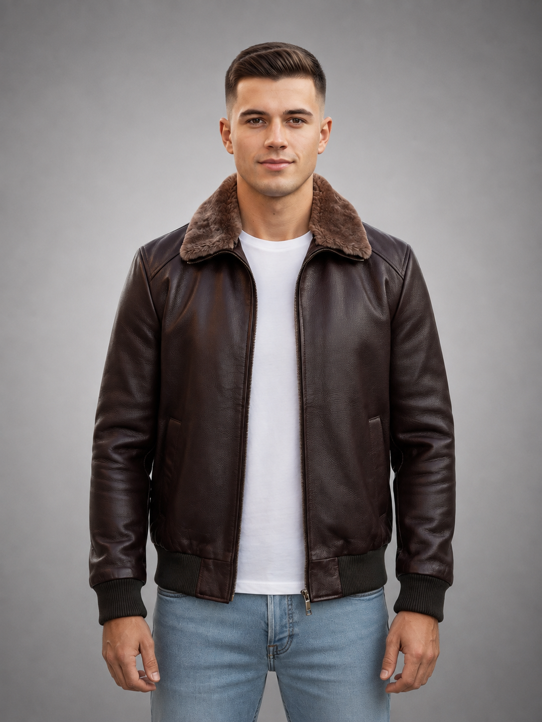 Harvey Men Brown Bomber Fur Collar Leather Jacket