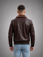 Harvey Men Brown Bomber Fur Collar Leather Jacket