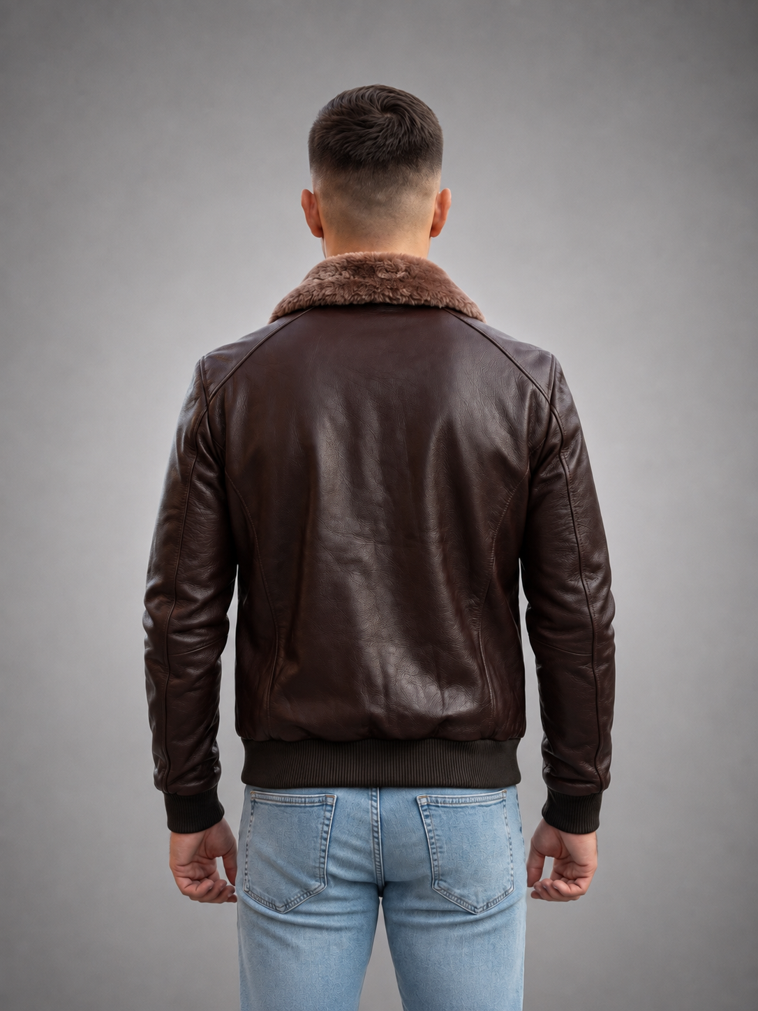 Harvey Men Brown Bomber Fur Collar Leather Jacket