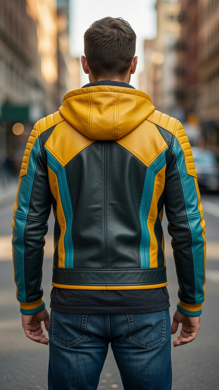 Heavy Bike Rider Yellow & Skyblue Leather Jacket For Men