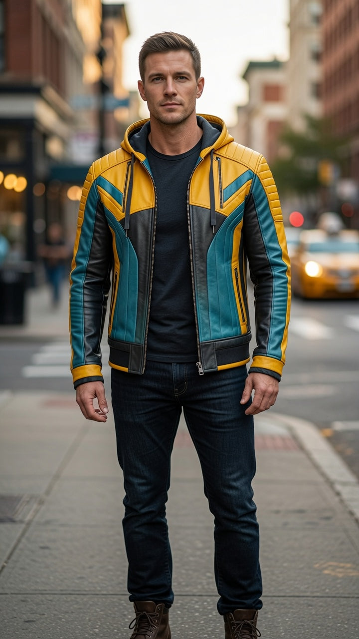 Heavy Bike Rider Yellow & Skyblue Leather Jacket For Men