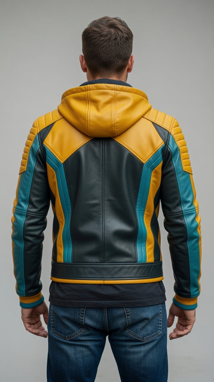 Heavy Bike Rider Yellow & Skyblue Leather Jacket For Men