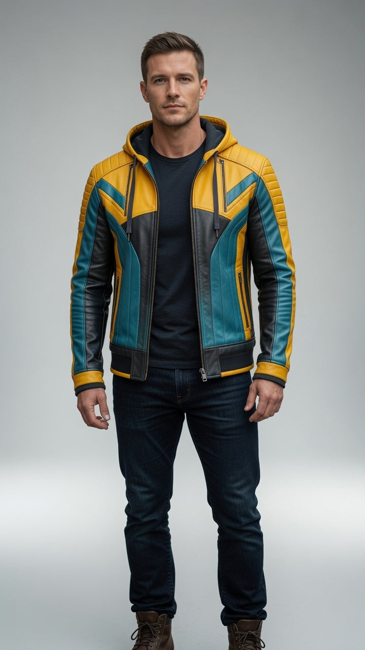 Heavy Bike Rider Yellow & Skyblue Leather Jacket For Men