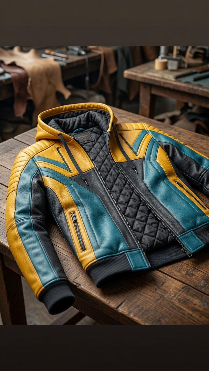 Heavy Bike Rider Yellow & Skyblue Leather Jacket For Men