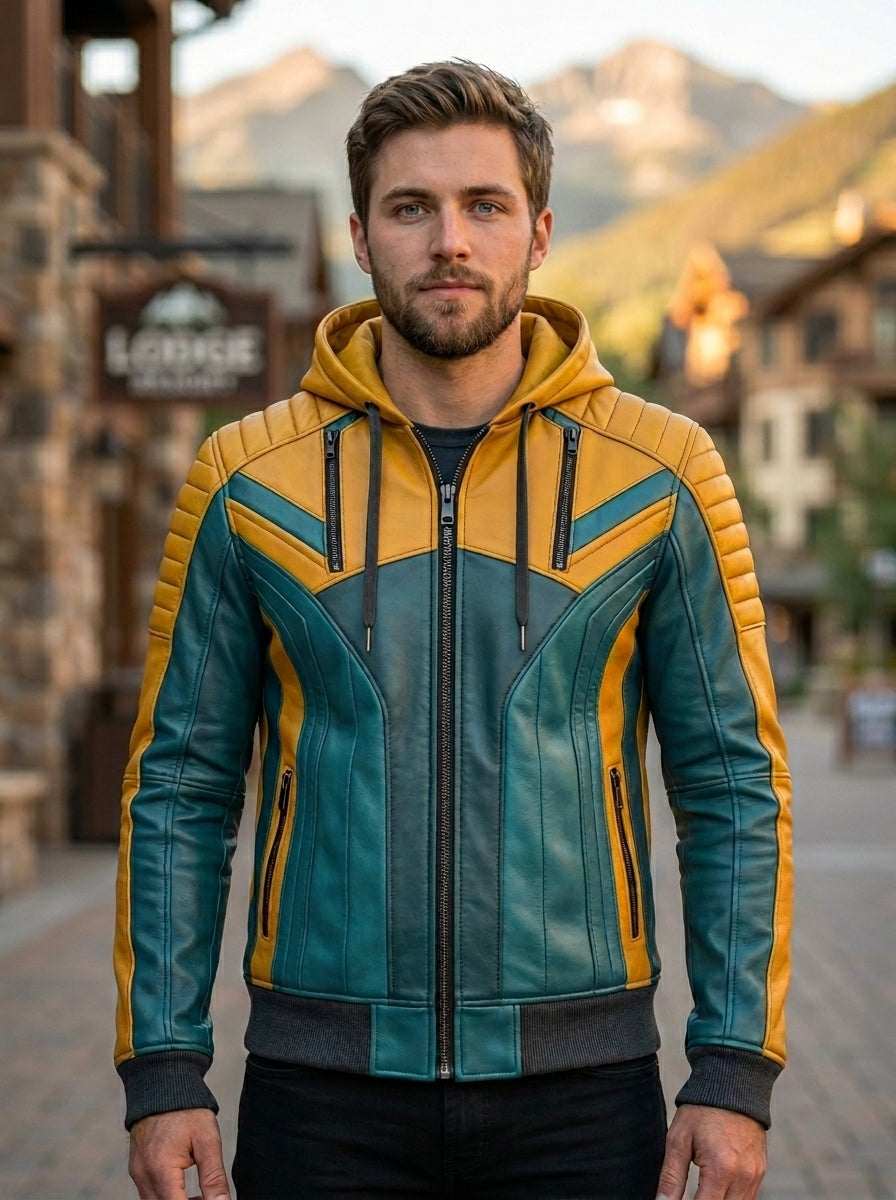 Heavy Bike Rider Yellow & Skyblue Leather Jacket For Men