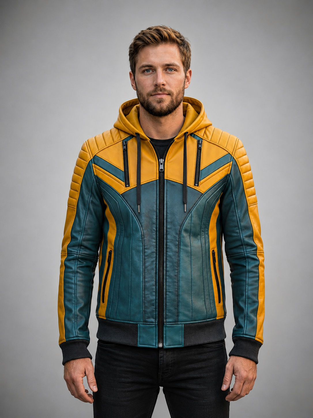 Heavy Bike Rider Yellow & Skyblue Leather Jacket For Men