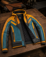 Heavy Bike Rider Yellow & Skyblue Leather Jacket For Men