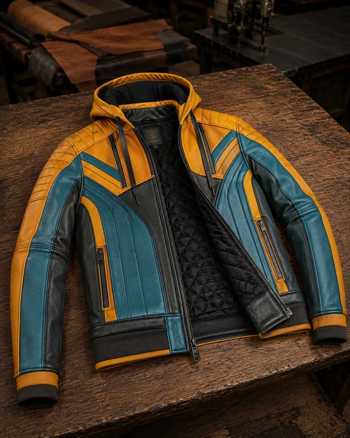 Heavy Bike Rider Yellow & Skyblue Leather Jacket For Men
