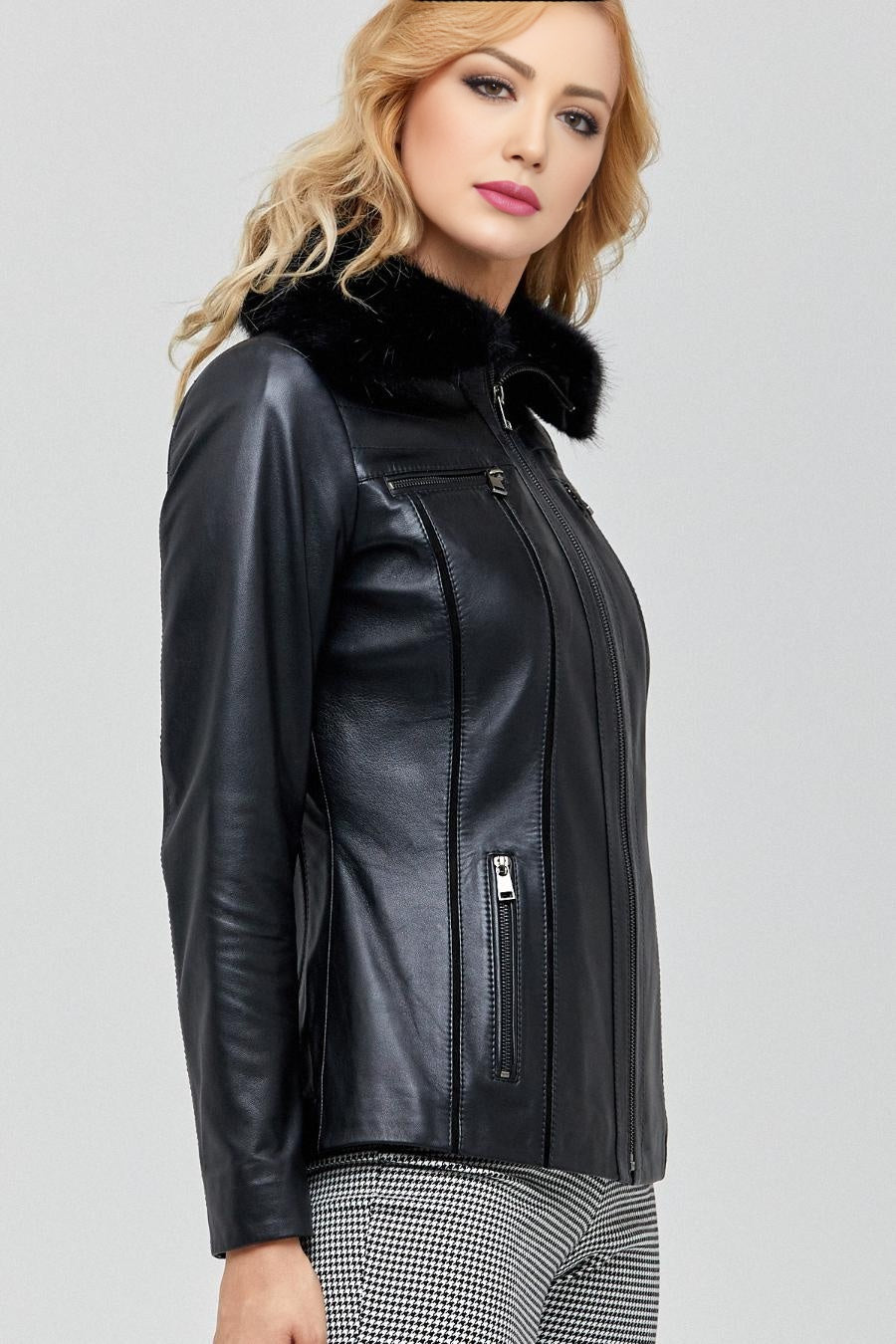 Linda Black Leather Jacket With Fur Collar  For Women