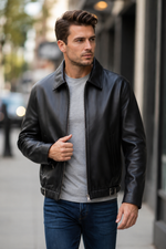 Henry Classic Black Leather Bomber Jacket for Men