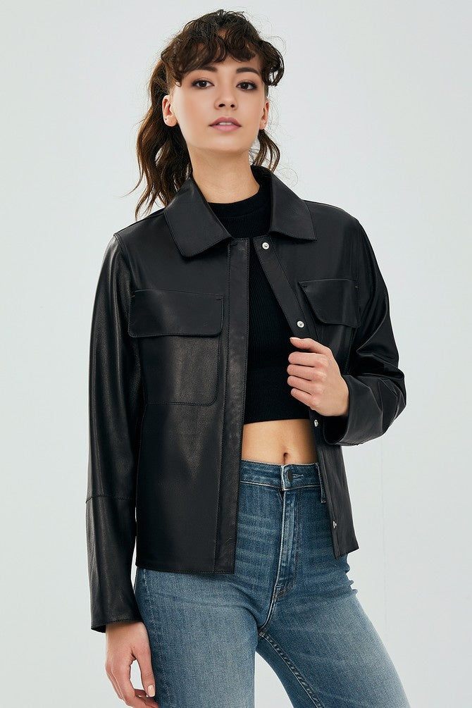 WOMEN BLACK LEATHER JACKET BUTTON CLOSER
