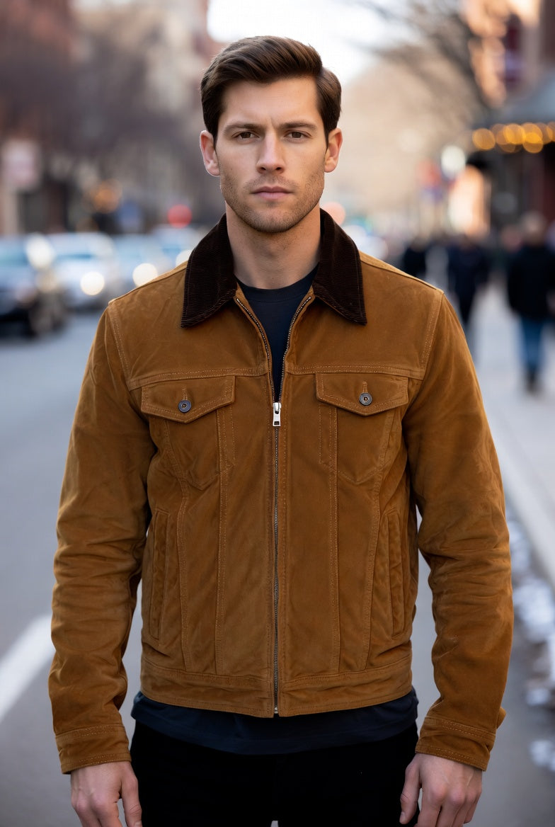 Heritage Luxe Brown Suede Trucker Jacket