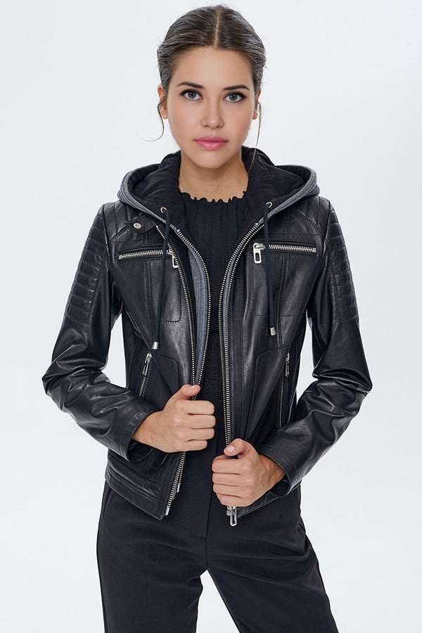 Women Black Leather Jacket With Zip Hood