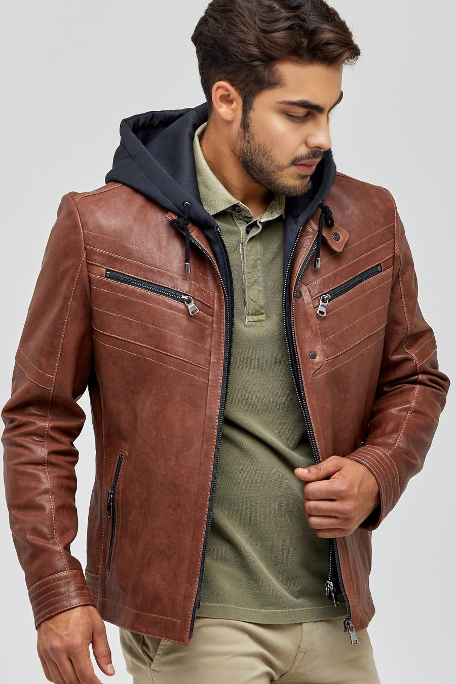Detroit Hooded Brown Leather Jacket for Men