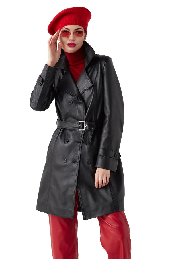 Maeve Black Center Belt Leather Coat For Women