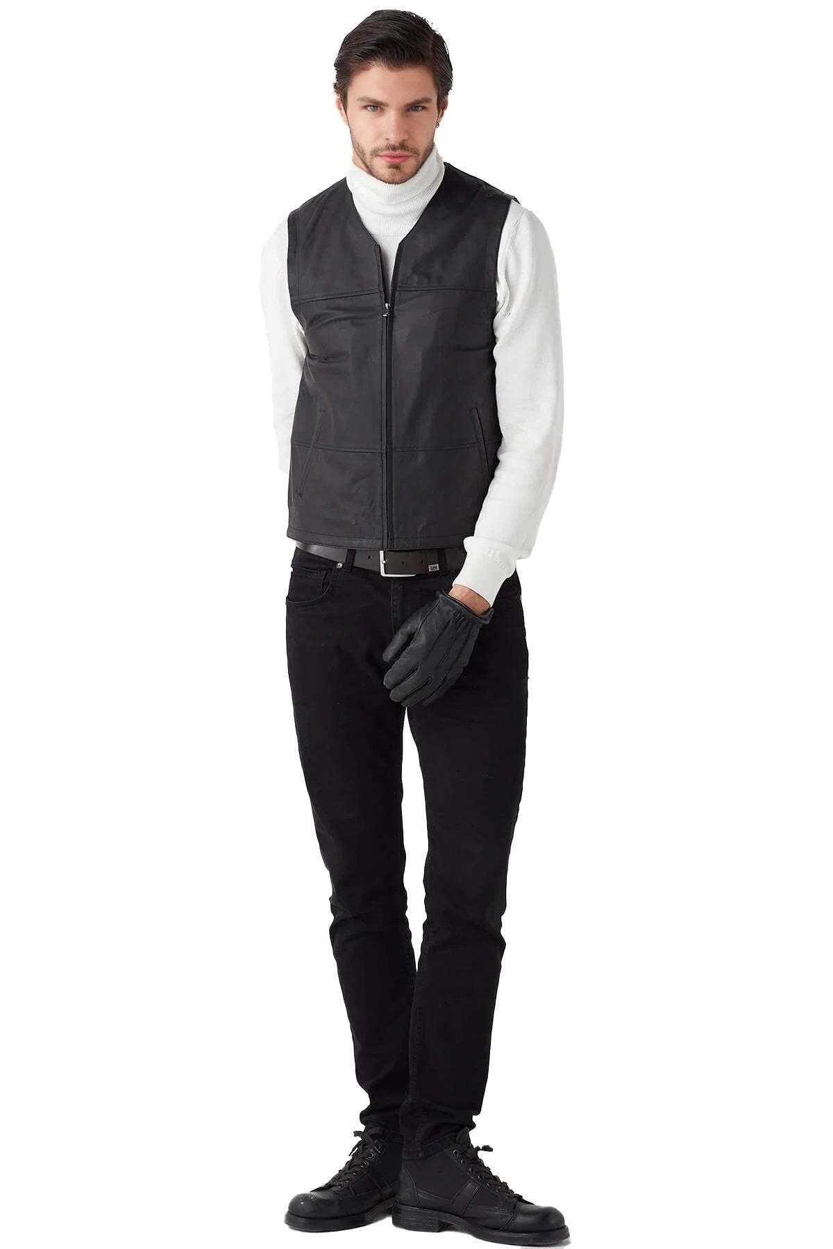 Caspian Black Leather Vest For Men